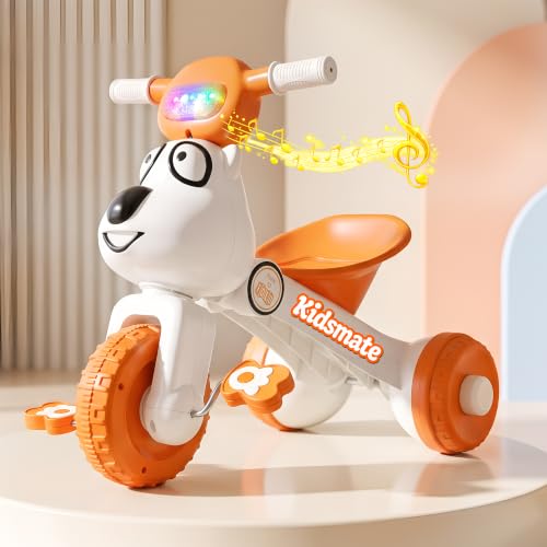 Image of Kidsmate Teddy Musical Tricycle for Kids 18-36 Months | Foldable Design with LED Lights on Handlebar | Baby Trike for Boys & Girls, Upto 18kg (Orange & White)