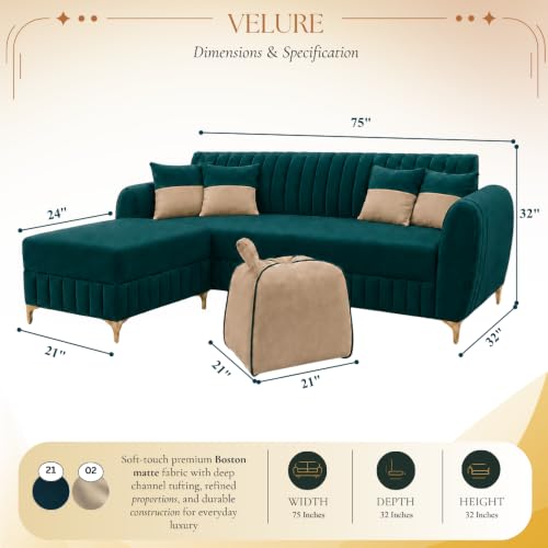 Image of CASASTYLE Signature Velour 4-Seater L-Shape Sofa Set with Movable Ottoman & Suri Pouf | Flexible LHS /RHS Layout | Boston Fabric | 40D Foam + Zigzag Spring | 3-Yr Warranty (Ocean Green, Sand Beige)