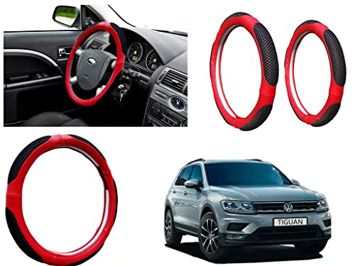 Image of Microfiber Car Steering Wheel Cover, Soft Padding Great Hand Feel, Anti-Slip, Faux Leather Steering Cover for Volkswagen Tiguan | Black Red Jali - Pack of 1
