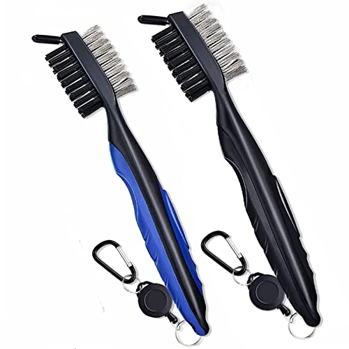 QeeHeng Paquete de 2 cepillos de limpieza de golf,3 en 1 retráctiles con cremallera de aluminio, mango antideslizante,agarre cómodo,limpiador de palos de golf para cuñas,hierros,maderas (negro + azul)