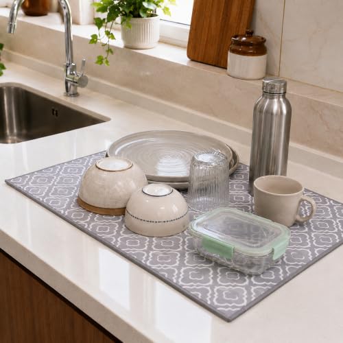 Image of Cutting EDGE Microfiber Dish Drying Mat - Water Absorbent & Reversible for Kitchen Utensils, Counter Top, Sink (Pack of 2, Grey Color, Combo)