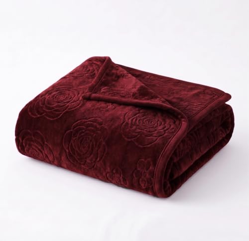 Image of VAS COLLECTIONS 280 GSM Micromink Blanket, Premium Soft Warm Cozy Blanket, Plush Double Bed Blanket, Ultra Soft Comfortable Bedding, Embossed Floral Design, 40 x 80 Inches (103 x 205 cm) - Wine Red