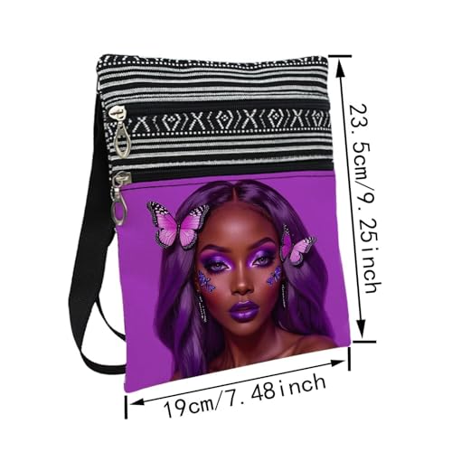 African American Messenger Bag Small Ethnic Pattern Printed Adjustable Strap Crossbody Zipper Pouch Purple Butterfly Phone Organizer Wallet Cute Shoulder Handbag for Black Women2