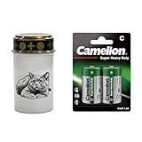 Fachhandel Plus LED Grablicht Katze, batteriebetriebenes Gedenklicht mit flackernder LED Flamme als sicherer Grabschmuck für Tiergrab und Gedenkplatz - ewiges Licht (Weiß, Karthäuser)