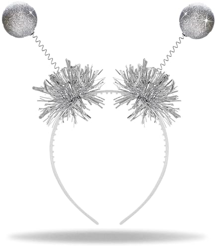 Hatstar Glitzer Alien Haarreif in silver | mit 2 runden Wackel Bommel Bällen | Party Disco Kugeln | Kopfschmuck Accessoire, Karneval, Fasching | Diadem Käfer Fühler Haarschmuck Damen, Herren, Kinder