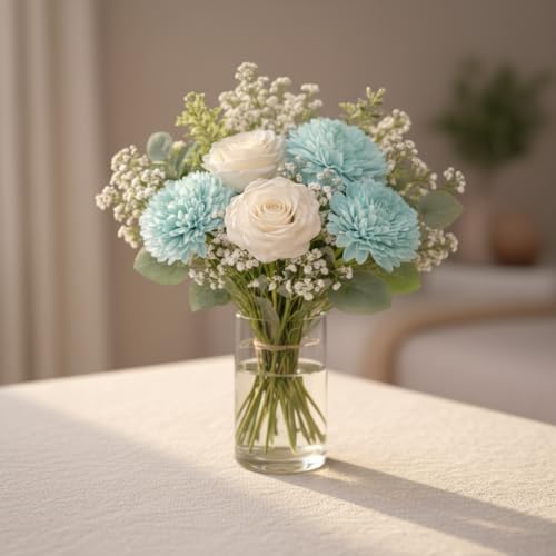 Image of Premium Artificial Flower Bunch - Mum, Rose with White Baby Breath | Realistic Fabric Petals | Artificial Flowers for Vase | Home Decoration Items for Living Room & Bedroom | Light Blue