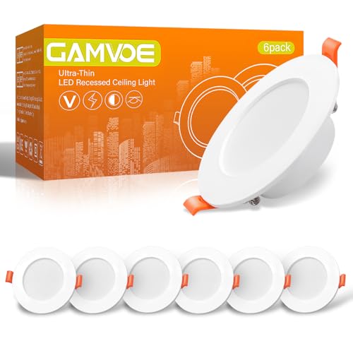 Downlights for Ceiling GAMVOE Recessed Ceiling Lights 6W/5500K Natural White Light IP44 Bathroom Spotlights Cut Diameter 71-98mm Non Dimmable Ultra Slim LED Spot Lights for Kitchen Living Room(6Pack)