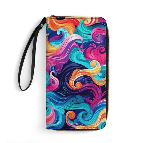 Womens Leather Wallets With Colored Waves Wallet for Women Large Capacity Card Phone Holder Ladies Purse with Wriststrap