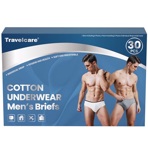 30 Packs Mens 100% Cotton Disposable Underwear Briefs Gift Box Set for Travel Fitness Hotel Spa Hospital Mid Waist (Grey&White M)