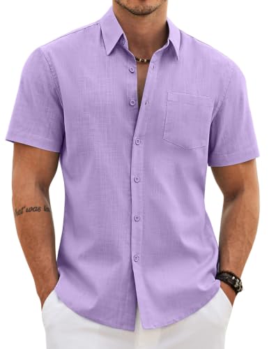Image of COOFANDY Men's Button Down Short Sleeve Shirt Casual Cotton Summer Beach Wedding Linen Shirts with Pocket
