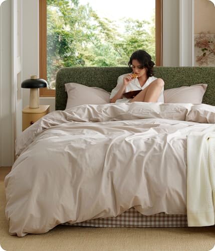 Image of Bedsure 100% Washed Cotton Duvet Cover Queen Size - Linen Color Minimalist Bedding Set Linen Like - PureWoven Plain Simple & Soft Comforter Cover for All Seasons (Queen, 90 inchx90 inch)