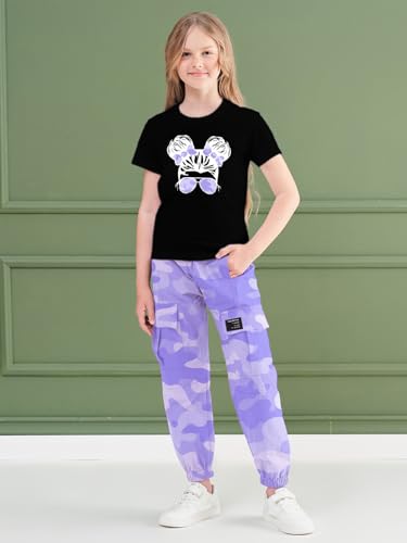 Image of ARTMINE Girls' 2 Piece Outfits Casual Drawstring Jogger Pants and Basic Short Sleeve Top Set, 6-14 Years