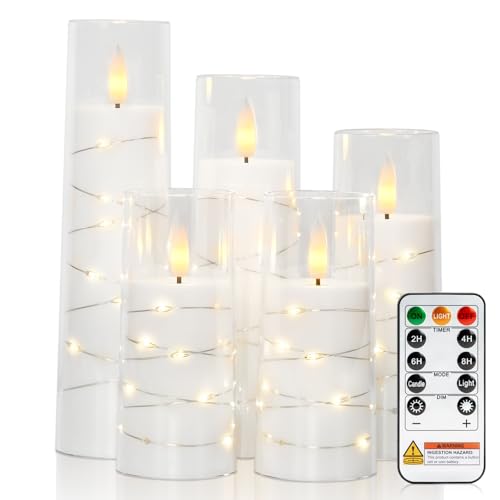 Image of Raycare Flameless Candle with Remote Timer - 5 Flickering Acrylic Battery Operated LED Pillar Candles with Embedded Star String for Christmas, Wedding, Home Decor, and as a Gift(White)