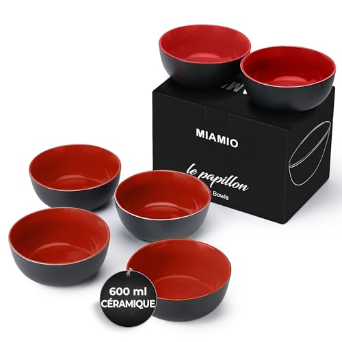 MIAMIO - 6 x 600 ml Ensemble de bols en grès Extérieur noir Intérieur coloré (bleu, rouge, vert, multi-couleur) (Rouge)