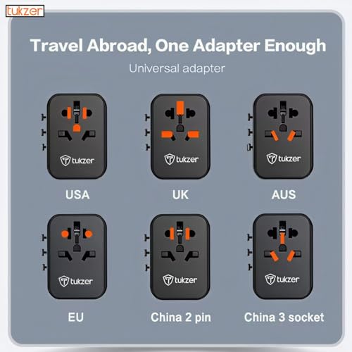 Image of Tukzer 65W Universal Travel Adapter, GaN Fast Charging Adapter with 2 Type C & 1 USB Ports, Universal Plug Socket, All in One International Travel Adapter for Laptop /MacBook & Mobile Charging- Black