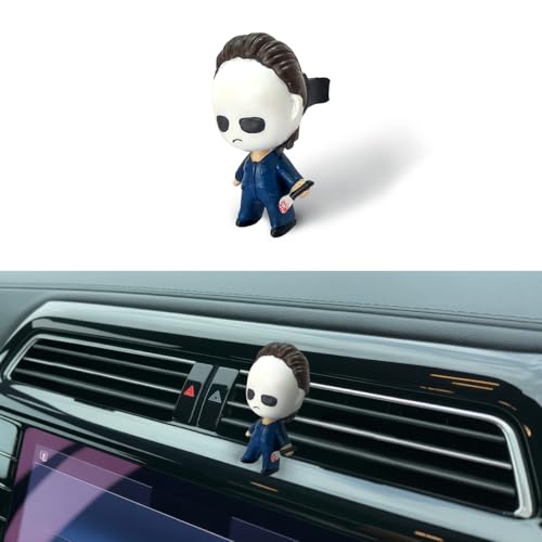 Image of GENANY 3D Resin Horror Car Air Freshener Vent Clip, Hand Painted White Mask Slasher Mini Figure Design, Gothic Automotive Freshener, Scary Car Accessories Gift for Horror Movie Fans