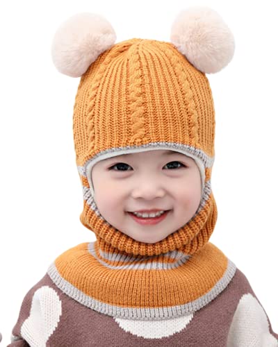 JFAN 2 en 1 Bonnet Bebe Fille Garcon Cagoule Enfant Chaud Chapeau Hiver Bebe Doublé en Polaire Laine Multicolore Beanie Jaune