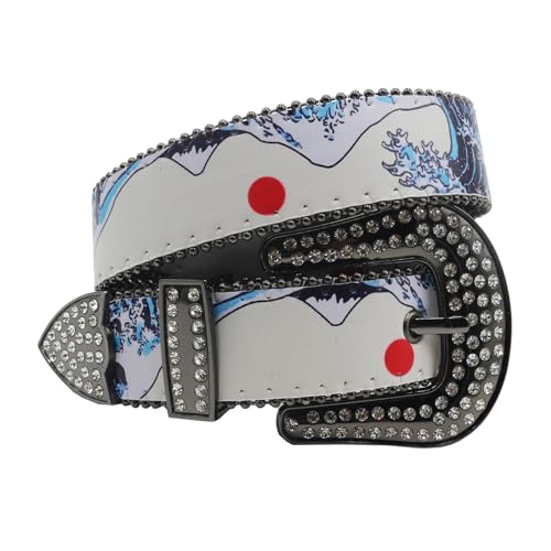 Unisex Studded Belt With Red Sun Snow Mountain Print Strap & Rhinestones Buckle