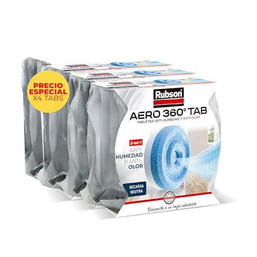 Rubson AERO 360° Tabletas de recambio de olor neutro, absorbe humedad y neutraliza malos olores, recambios Rubson para deshumidificador AERO 360º (4 x 450 g)