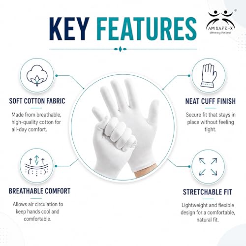 Image of AM Safe-X Premium White Cotton Gloves for Men & Women | Lightweight Breathable Knitted Gloves | Soft Stretch Fit | Reusable Hand Protection for Driving, Gardening, Warehouse & General Use | 5 Pair