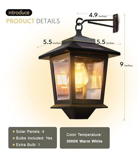 2 Pack Solar Wall Lanterns with Replaceable Bulb, Outdoor Hanging Solar Lights with 4 Solar Panels, Dusk to Dawn Led Outdoor Wall Sconce, Anti-Rust Waterproof Wall Lanterns with Hooks - Image 3
