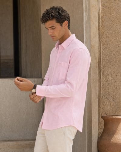 Image of Nobero Breezy Premium Linen Cotton Shirt for Men | Stylish Casual Shirts for Men | Semi Cut Collar | Box Pleat | Curved Hem | Regular Fit | Full Sleeve | S-XXXL