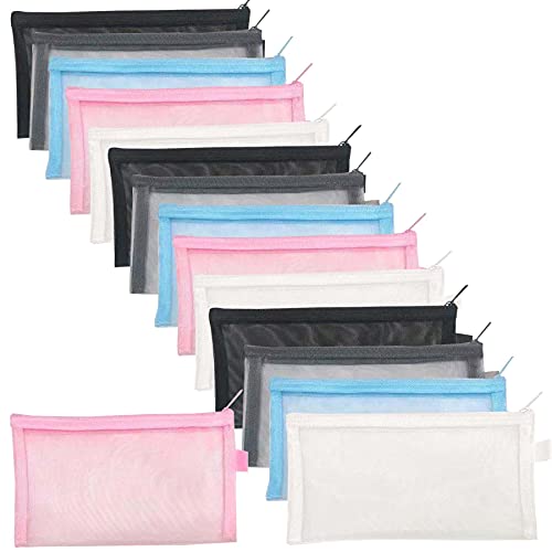 HappyDaily 15 Pack Mesh Cosmatic bag Mesh Zipper Pouch Travel Makeup Organizer Pencil Bag (Pink/Blue/White/Grey/Black)