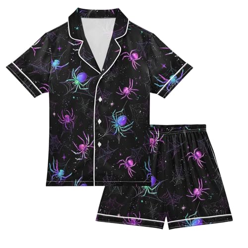 ALAZA Colorful Spider Animal Satin Pajamas Set Short Sleeve Button Down Sleepwear Summer Pjs 2 Piece
