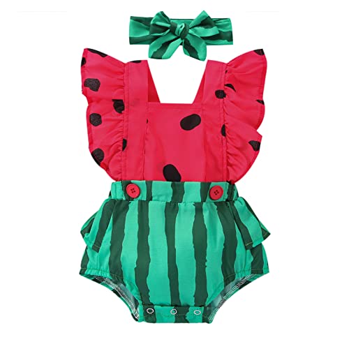 Image of hirigin Infant Baby Girl Watermelon Patchwork Romper Sunsuit with Headband, Baby Summer Backless One Piece Playsuit