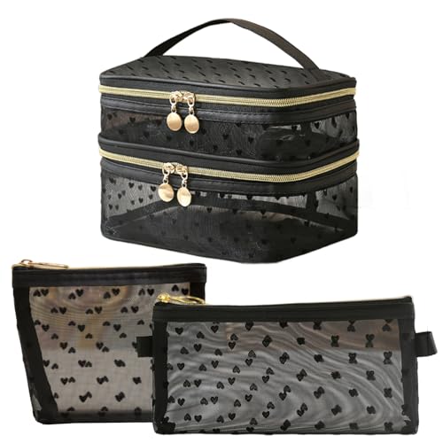 Siomlana 3点セット メッシュ化粧ポーチ 二層収納 ナイロン ネットバッグ 化粧品バッグ 化粧ポーチ 群がった愛のパターン 大容量 化粧ぽーち 可愛い 軽量 コスメぽーち 多機能 コスメ収納 旅行用 収納ポーチ プレゼント (ブラックラブパターン)