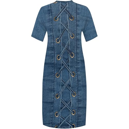 Image of SUZONANA Plus Size Denim Print Shirt Maxi Dresses for Curvy Women Casual Blue Jean Summer Outfits Long Short Sleeve Dress with Pockets Patchwork 6XL