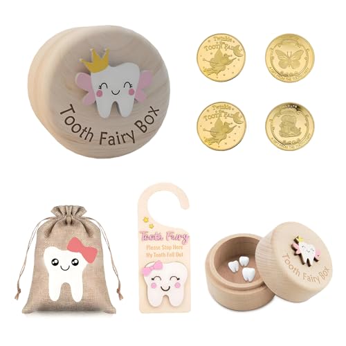 Meunhy Tooth Fairy Box,5 Pcs Wooden Tooth Fairy Kit with Bag,Teeth Fairys Door Hangerand Gold Foil Reward Coins,3D Carved First Lost Teeth Storage Keepsake Box for Storing Baby's Dropped Baby Teeths