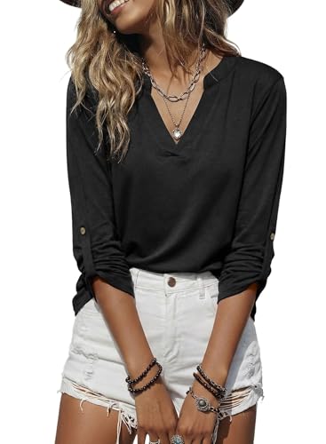 Image of Dokotoo Womens Tops Plaid Cotton Cuffed 3 /4 Sleeve Shirts Blouses