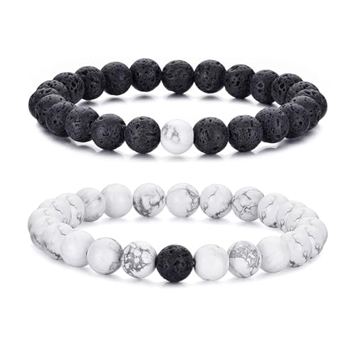 RANKEEF Tiger Eye Bracelet For Men 8MM Natural Stone Beads Bracelet Set Stretch Lava Rock Bracelets Adjustable Black Crystal Beaded Bracelet for Men Women Gifts inch 2 white black