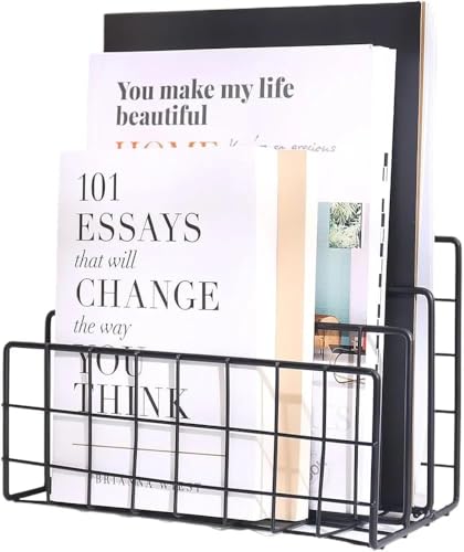 Image of File and Magazine Holder - Book Shelf Organiser Small Book Shelf for Table Metal Letter Organiser with 3 Compartments, Desk Table Decor, Letter Document Sorter (Black)