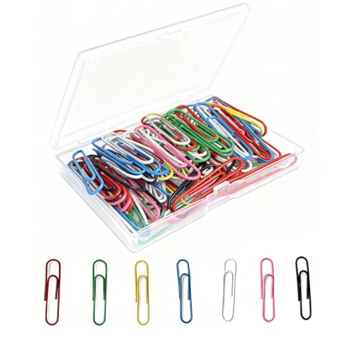 100 farbige Büroklammern Metall 50 mm große Clips für Büro Bunte Metall Büroklammern Set mit Aufbewahrungsbox für Büro Dokumente(7 Farben)