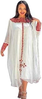 Traditional Ethiopian Habesha Dress – Elegant White with Red Geometric Embroidery - Buy now