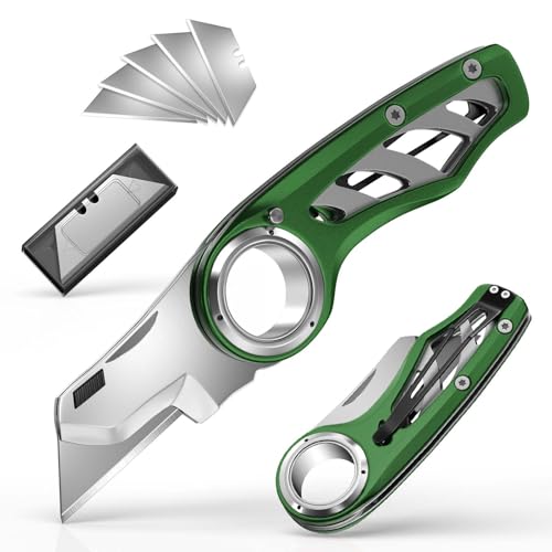 Folding Utility Knife Pocket Knife, Heavy-Duty Box Cutter with Anti Slip Finger Loop, Quick Change Blade Razor Knife, Box Cutters for Home, Office, Warehouse, Durable Razor Knife, Box Knife (Green)