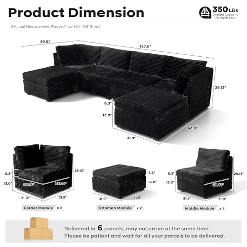 Image of ovios Modular Sectional Sofa Couch with U-Shape Chaise Ottomans, Comfy Plush Corduroy Cloud Couches, Modern Luxury Deep Seat Sofas Set for Living Room, 6-Seater, Black