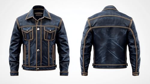 Mens Blue Trucker Denim Style Jacket Multi Pocket Genuine Leather Jackets3