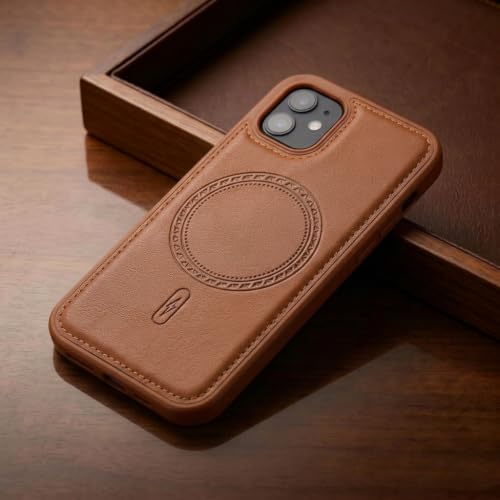 Image of amazon basics Premium PU Leather Case for iPhone 11, MagSafe Compatible Magnetic Ring, Sleek Protective Back Cover - [Tan]