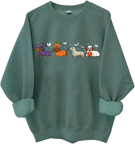 Kaqiyes Halloween Wiener Dog Sweatshirt, Funny Dachshund Pumpkin Ghost Top Green