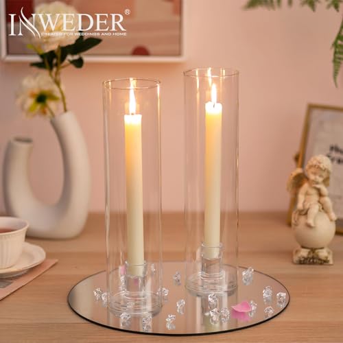 Inweder Glass Hurricane Candle Holder: Candlestick Holders for Wedding Table Centrepieces Clear Taper Candle Holder with Cylinder Shade for Christmas Party Event Home Decor 2 Pcs - Image 4