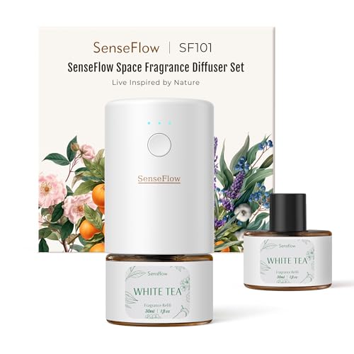 SenseFlow Aroma Diffuser for Essential Oils SF101 Pro, Waterless Ultrasonic Fragrance Plug Room Fragrance, 100% Vegetable Air Freshener, 120 Days Aroma for Home, Hotel - Up to 100 m² - Golden Heat