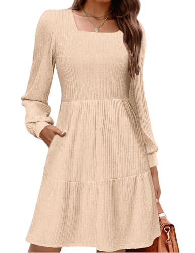 Zeagoo Herbstkleid Damen Langarm Kleid Elegantes Strickkleid mit Taschen Knielange Kleider A Linie Puffärmel für Herbst Winter Beige M