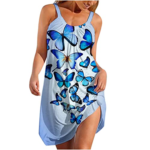 Hawaiian Dresses for Women Summer Casual Trendy Butterfly Floral Print Boho Sundress Comfy Sleeveless Mini Beach Dress
