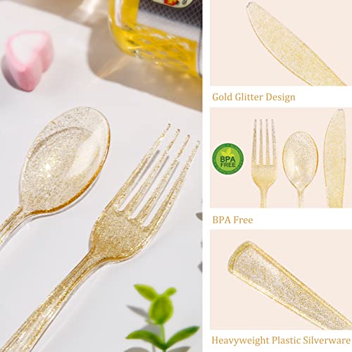 Supernal 300 Gold Plastic Silverware, Disposable Plastic Utensils, Disposable Gold Glitter Dinnerware,Clear And Gold Plastic Silverware, Perfect For Birthday,Party,Wedding #TOP3