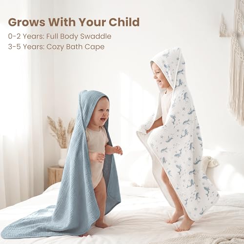 Image of Konssy 2-Pack Muslin Hooded Baby Towels, 100% Cotton, Ultra-Soft & Absorbent Baby Bath Towels with Hood for Newborn & Infant (Blue, Blue Whale, 32 inch x 32 inch)