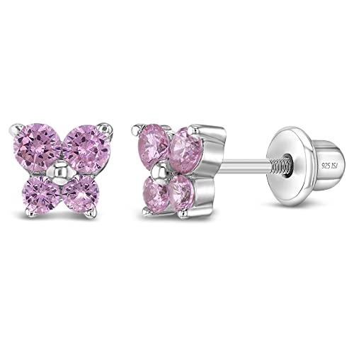 925 Sterling Silver Elegant 5mm Cubic Zirconia Butterfly Shaped Safety Screw Back Earrings for Toddlers & Young Girls