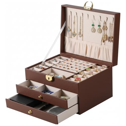 Image of Jewelry Box For Women Girl Wife 3 Layers Large Pu Leather Jewelry Organizer Storage Case With Two Drawers Display For Earrings Bracelets Rings Watches Design Jewelry Box, Jewelry Organizer (Brown)